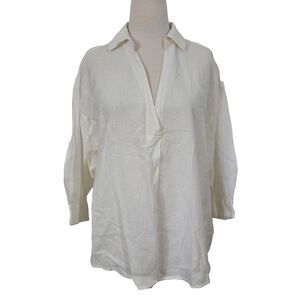 H&M White Pop Over Tunic Top Linen Cotton Shirt Blouse Size Medium Roomy Flowy